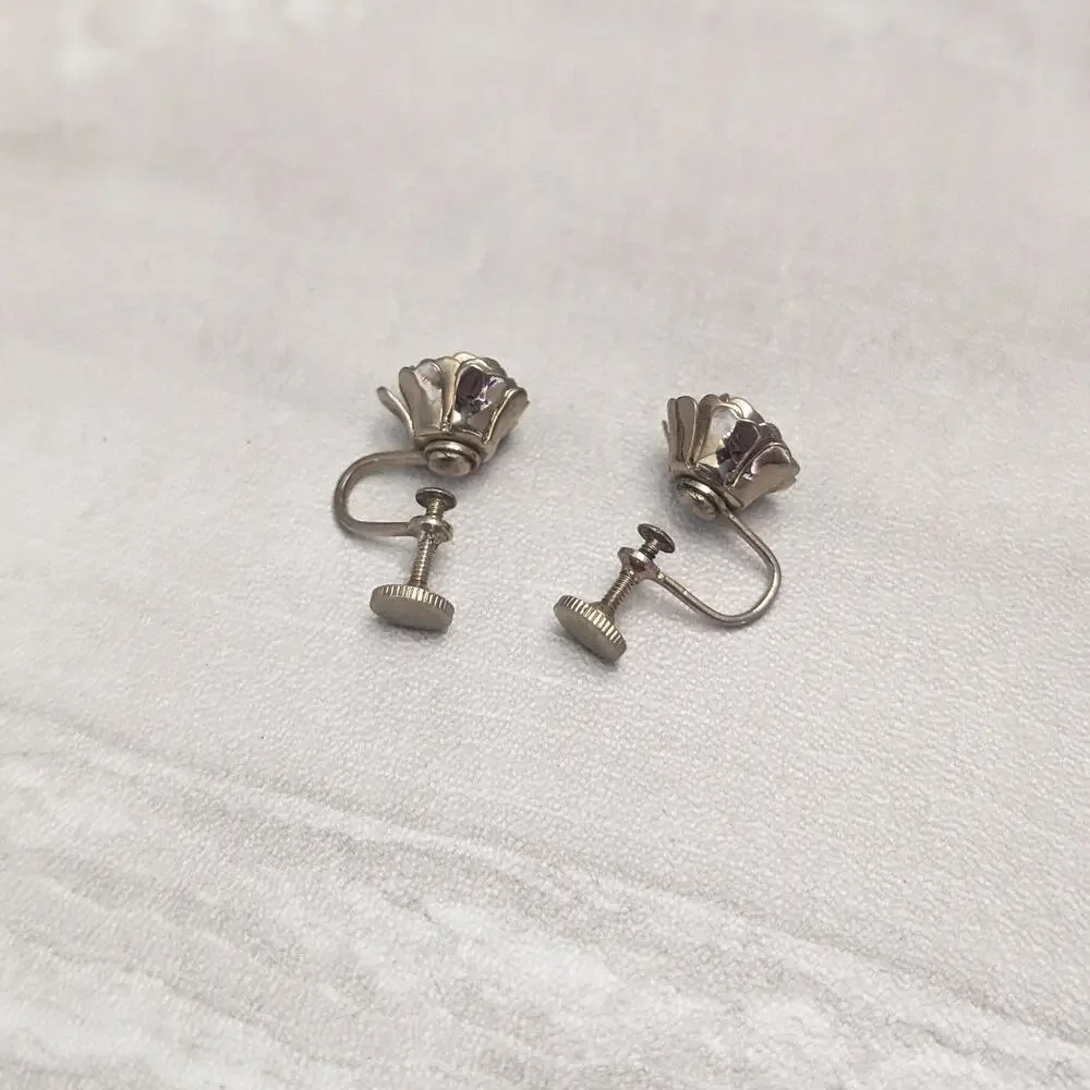Vintage Screw On Earrings Flower Dark Gold Tone - Fair Condition